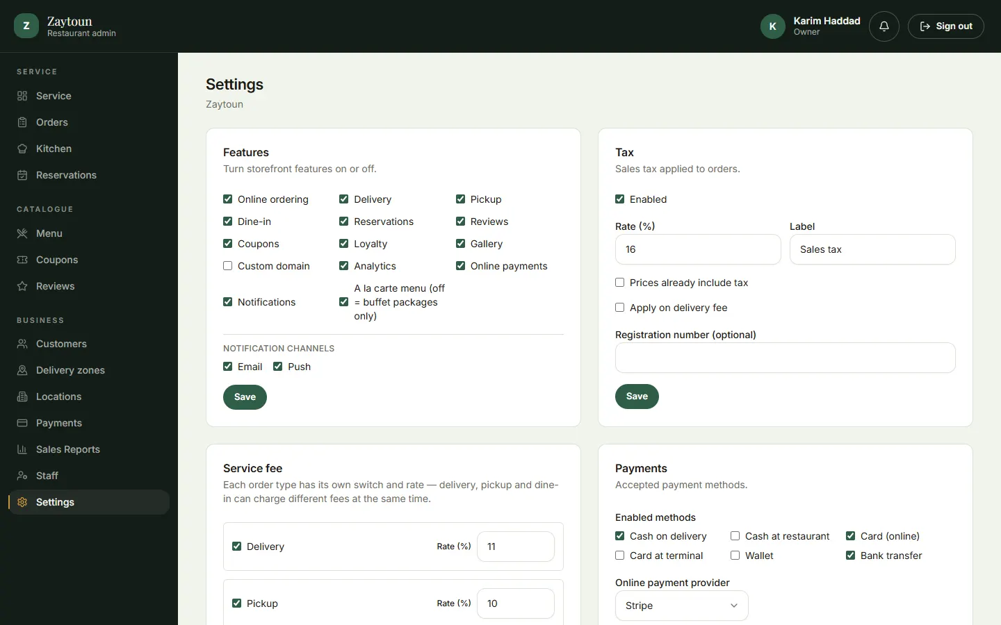 Admin settings with feature switches, tax, service fees and payment methods