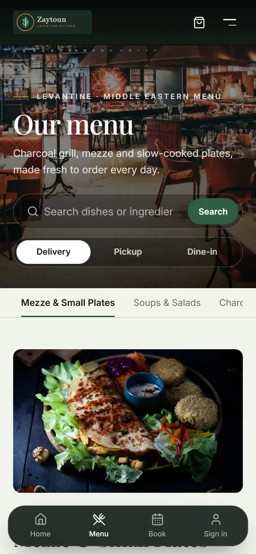 Mobile menu with search and delivery, pickup and dine-in options
