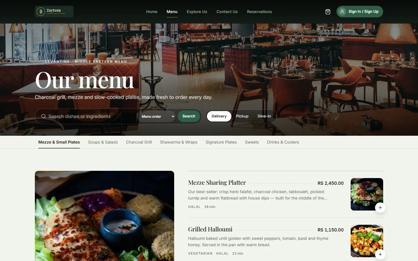 Online menu with search, delivery, pickup and dine-in switch, and dishes with prices and dietary tags